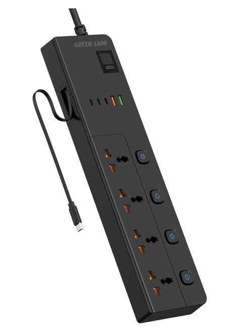 GS-900 Power Socket 3M 3500W with Retractable USB-C Cable / 4 Universal Sockets/ 2 USB-A/ 3 USB-C / UK Plug / Digital Timer Display/ Safeguard / Child Safety Door / Safe Power Strip - Black