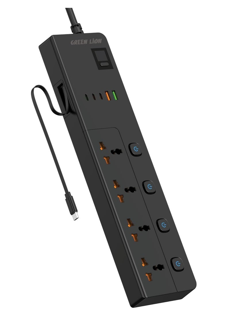 GREEN LION GS-900 Power Socket 3M 3500W with Retractable USB-C Cable / 4 Universal Sockets/ 2 USB-A/ 3 USB-C / UK Plug / Digital Timer Display/ Safeguard / Child Safety Door / Safe Power Strip - Black  - Image 1