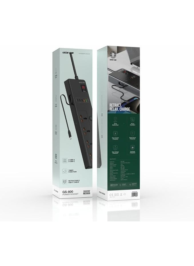 GREEN LION GS-900 Power Socket 3M 3500W with Retractable USB-C Cable / 4 Universal Sockets/ 2 USB-A/ 3 USB-C / UK Plug / Digital Timer Display/ Safeguard / Child Safety Door / Safe Power Strip - Black  - Image 2
