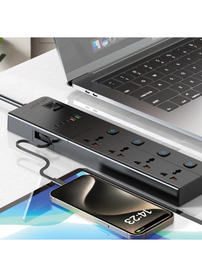 GREEN LION GS-900 Power Socket 3M 3500W with Retractable USB-C Cable / 4 Universal Sockets/ 2 USB-A/ 3 USB-C / UK Plug / Digital Timer Display/ Safeguard / Child Safety Door / Safe Power Strip - Black  - Image 3
