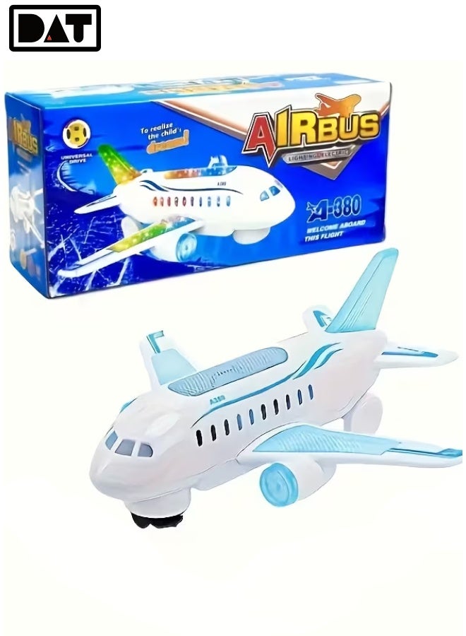 DAT Airbus A380 Toy Airplane with Flashing Lights & Music, Universal Driving, 23cm White/Blue, for Kids Indoor Play - Image 1