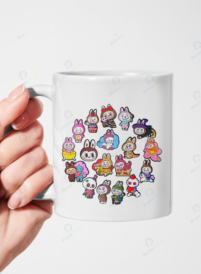 Multicolored ceramic mug with handle printed with many Labobo