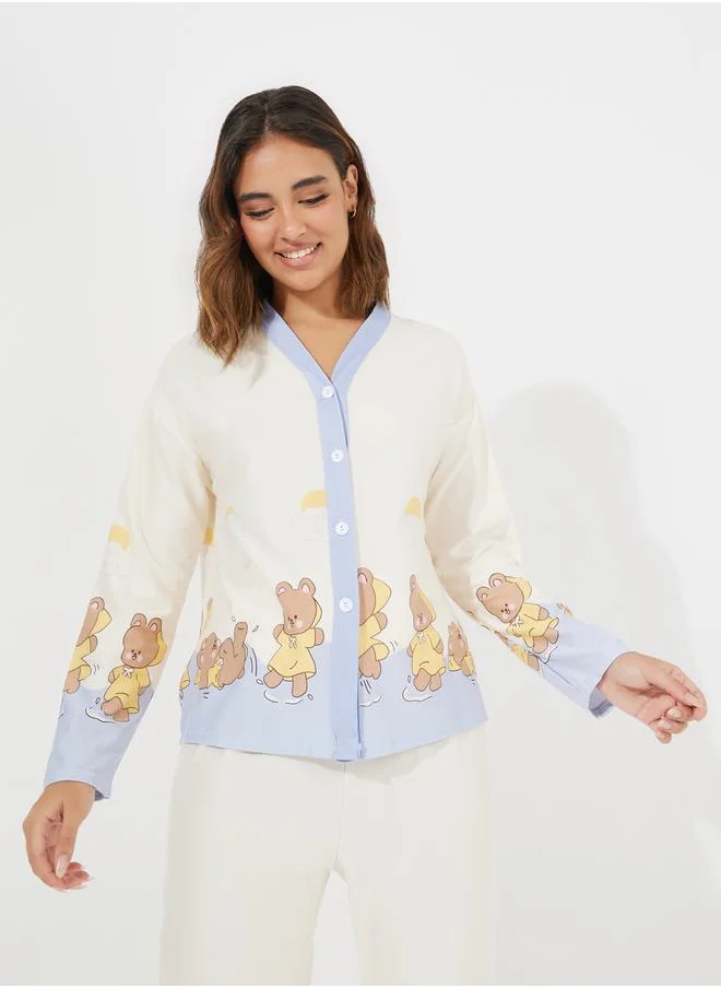 Styli Bear Print Button Placket Shirt & Pyjama Set