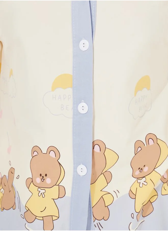 Styli Bear Print Button Placket Shirt & Pyjama Set
