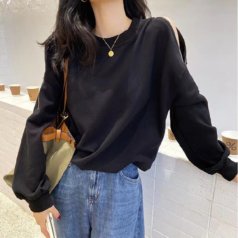 Autumn and Winter long-sleeved off-shoulder zipper sweater womens loose Korean style round neck thin T-shirt womens coat top womens clothing White  - Image 5