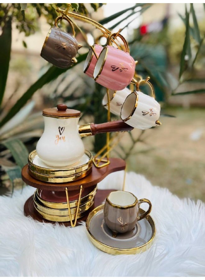 طقم قهوه بالكنكه بروسلين بالحامل معدن ف خشب 15قطعه  - Image 1