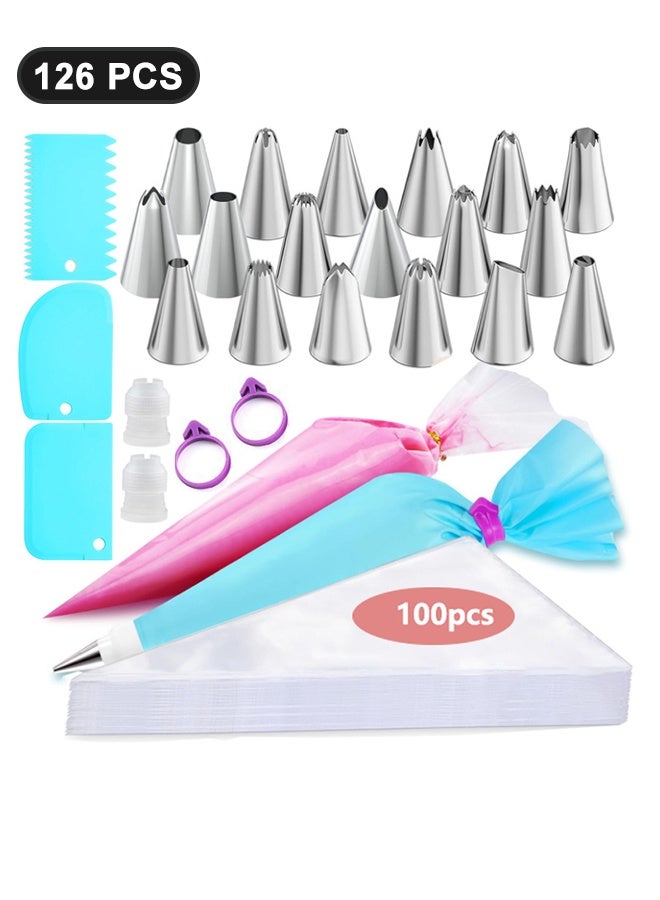 Ant 126Pcs Piping Bags and Tips Set, 11.8 inch 100pcs Anti Burst Piping Bags, 126 Pcs Cake Decorating Kit with 18 Piping Tips, 1 Reusable Pastry Bags, 3 Cake Scrapers, 2 Couplers, and 2 Icing Bags Ties - Image 1