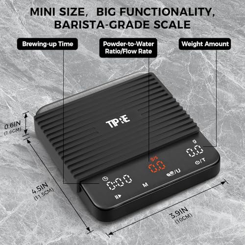 TIPRE Mini Espresso Coffee Scale with Timer & Flow Rate, 2kg/0.1g Precision Digital Coffee Scale, Portable Espresso Scale Rechargeable via USB-C, Triple Brew Modes, LED Display, Mute Mode, g/oz/lb:oz - Image 3