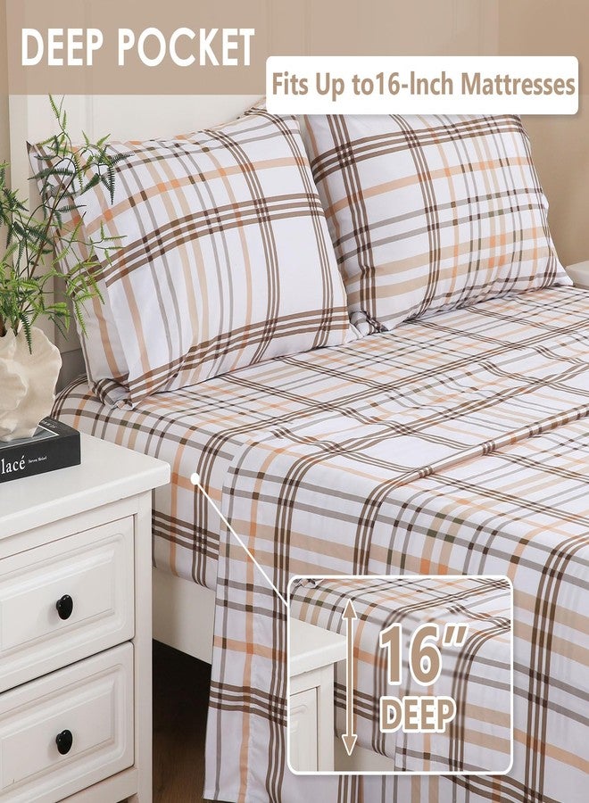 LONAVA Queen Sheet Set 4 Pieces,Z-Taupe Plaid Ultra Soft & Breathable Microbifer Sheets, 1600 Thread Count Hotel Luxury Oeko-Tex Bed Sheets, 14-16 Inch Deep Pocket Durable Wrinkle Free Sheets - Image 2