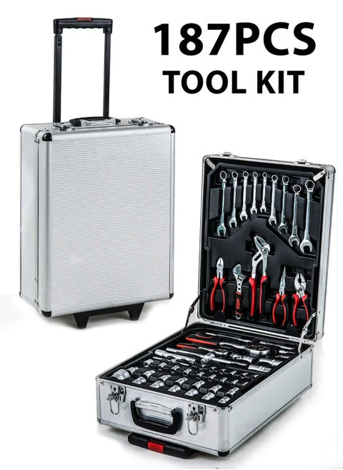 187 Pieces Hand Tool Set with Trolley Bag Professional Automobile Tools for Repairs and Workshops Handymen Mechanics Construction Workers and Home Use Socket Spanner Ratchet Torque Wrench Tools Kit