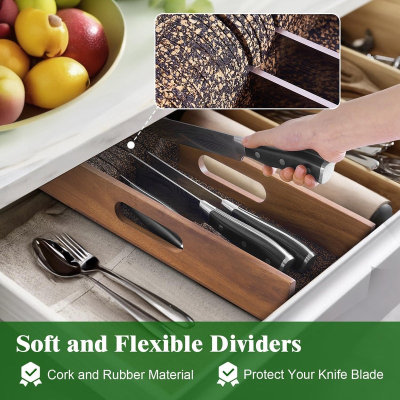 ENOKING Knife Drawer Organizer Insert, In Drawer Knife Block, Acacia Wood Knife Holder with Cork Dividers For Kitchen Chef Steak Knife Storage Keep Drawer Tidy (Acacia Wood, 15 x 5.9 x 2.6 In) - Image 2