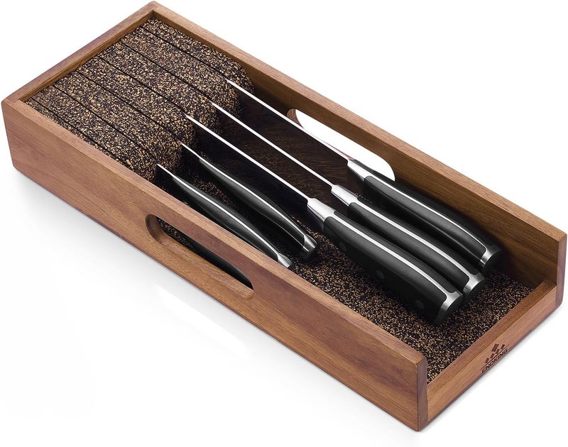 ENOKING Knife Drawer Organizer Insert, In Drawer Knife Block, Acacia Wood Knife Holder with Cork Dividers For Kitchen Chef Steak Knife Storage Keep Drawer Tidy (Acacia Wood, 15 x 5.9 x 2.6 In) - Image 1