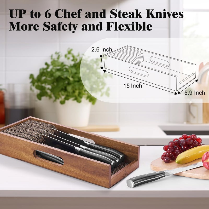 ENOKING Knife Drawer Organizer Insert, In Drawer Knife Block, Acacia Wood Knife Holder with Cork Dividers For Kitchen Chef Steak Knife Storage Keep Drawer Tidy (Acacia Wood, 15 x 5.9 x 2.6 In) - Image 5