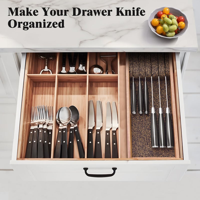 ENOKING Knife Drawer Organizer Insert, In Drawer Knife Block, Acacia Wood Knife Holder with Cork Dividers For Kitchen Chef Steak Knife Storage Keep Drawer Tidy (Acacia Wood, 15 x 5.9 x 2.6 In) - Image 3