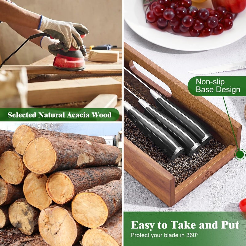 ENOKING Knife Drawer Organizer Insert, In Drawer Knife Block, Acacia Wood Knife Holder with Cork Dividers For Kitchen Chef Steak Knife Storage Keep Drawer Tidy (Acacia Wood, 15 x 5.9 x 2.6 In) - Image 4