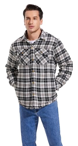 Puwasa Men's Sherpa Lined Cotton Flannel Shirt Jacket Plaid Button Up Jacket Coat for Men with Pocket Black Large - Image 3