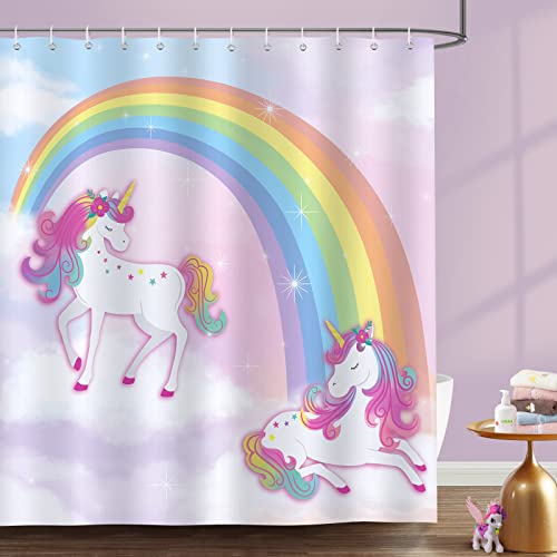 Bonhause Unicorn Shower Curtain Pink Fantasy Rainbow Bathroom Decor for Girls Kids 72 x 72 Inch Polyester Fabric Waterproof Bath Curtain with 12 Hooks