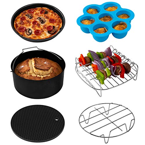 COSORI Air Fryer Accessories, Set of 6 Perfect for Most 5.0 Qt and Larger Ovens, Cake & Pizza Pan, Metal Holder, Rack & Skewers, etc, BPA Free, Nonstick, Dishwasher Safe, 5.8 QT, Black - Image 1