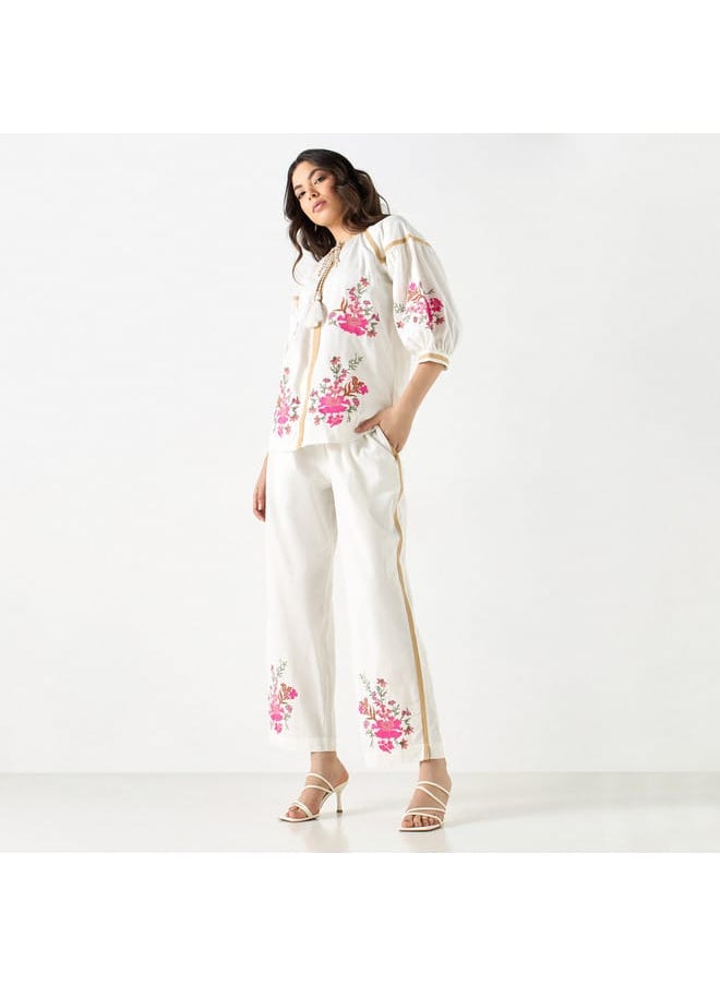 Iconic Iconic Floral Embroidery Wide Leg Pants with Drawstring Closure and Pockets  - Image 2