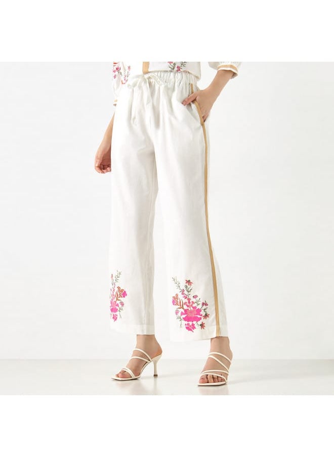 Iconic Iconic Floral Embroidery Wide Leg Pants with Drawstring Closure and Pockets  - Image 1