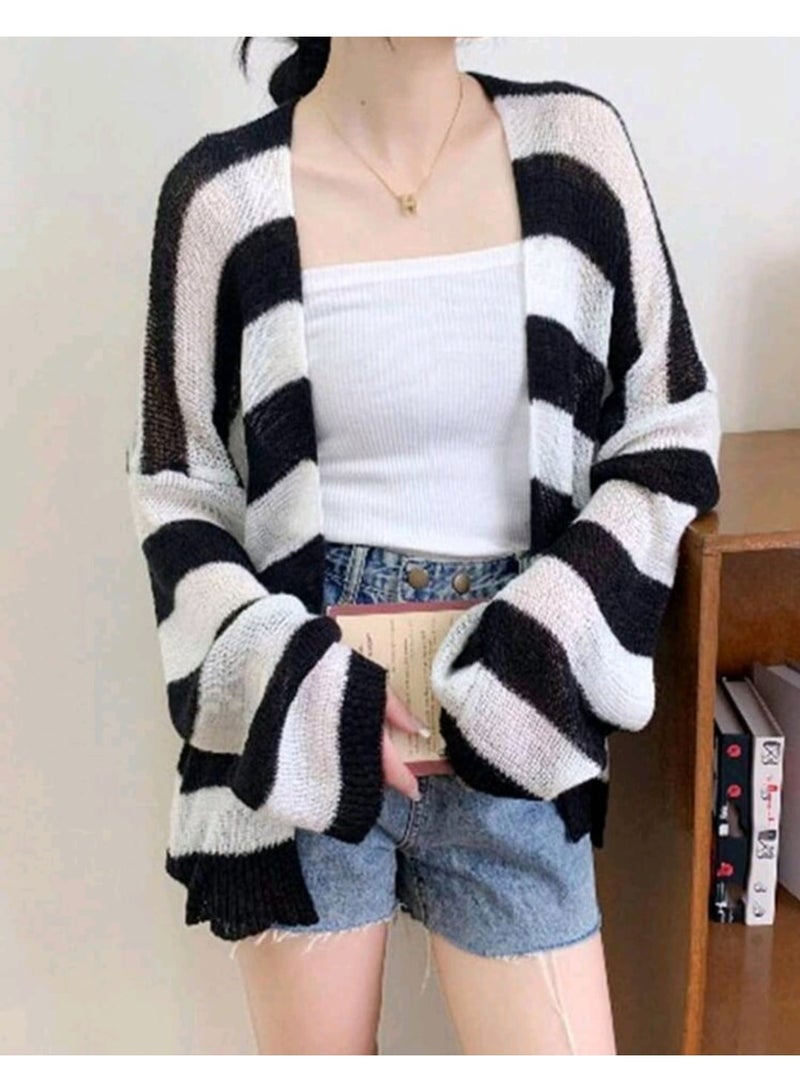 Shein 1pc Women Openwork Striped Cardigan - Image 1