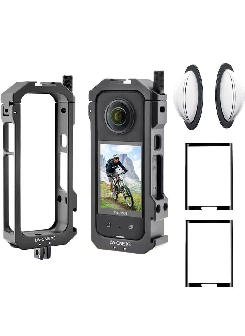 KASTWAVE Aluminum Frame Cage Sticky Lens Guard Set Screen Protector for Insta360 X3 X 3 Accessories Kit Anti-Scratch Metal case Housing Shell Tempered Glass Protective Film Cover  - Image 1