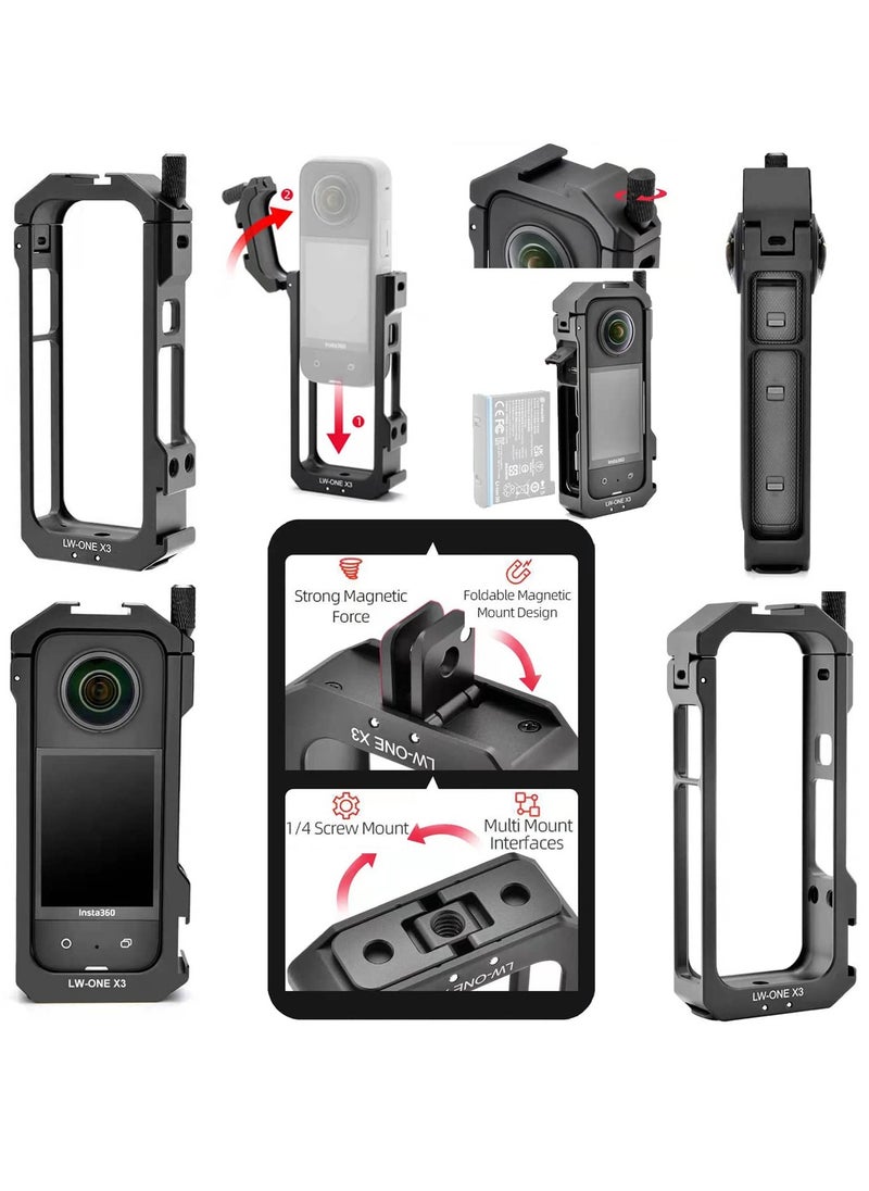 KASTWAVE Aluminum Frame Cage Sticky Lens Guard Set Screen Protector for Insta360 X3 X 3 Accessories Kit Anti-Scratch Metal case Housing Shell Tempered Glass Protective Film Cover  - Image 2