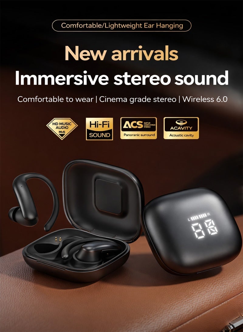 Neyecam Wireless Ear Hook Earbuds with LED Display, 6.0 Dual-Core Chip, 38ms Low Latency Gaming Mode, HiFi Stereo Sound, Noise Reduction Mic, Secure Fit Sports Headphones – Black - Image 2