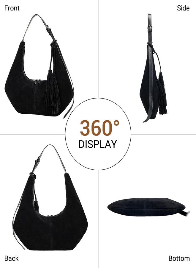 Herald Tassel Suede Hobo Shoulder Bag for Women, Retro Slouchy Crescent Crossbody Purse Handbag with Adjustable Strap, Dark Coffee 2 - Image 3
