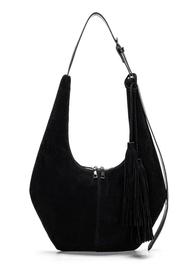Herald Tassel Suede Hobo Shoulder Bag for Women, Retro Slouchy Crescent Crossbody Purse Handbag with Adjustable Strap, Dark Coffee 2 - Image 1
