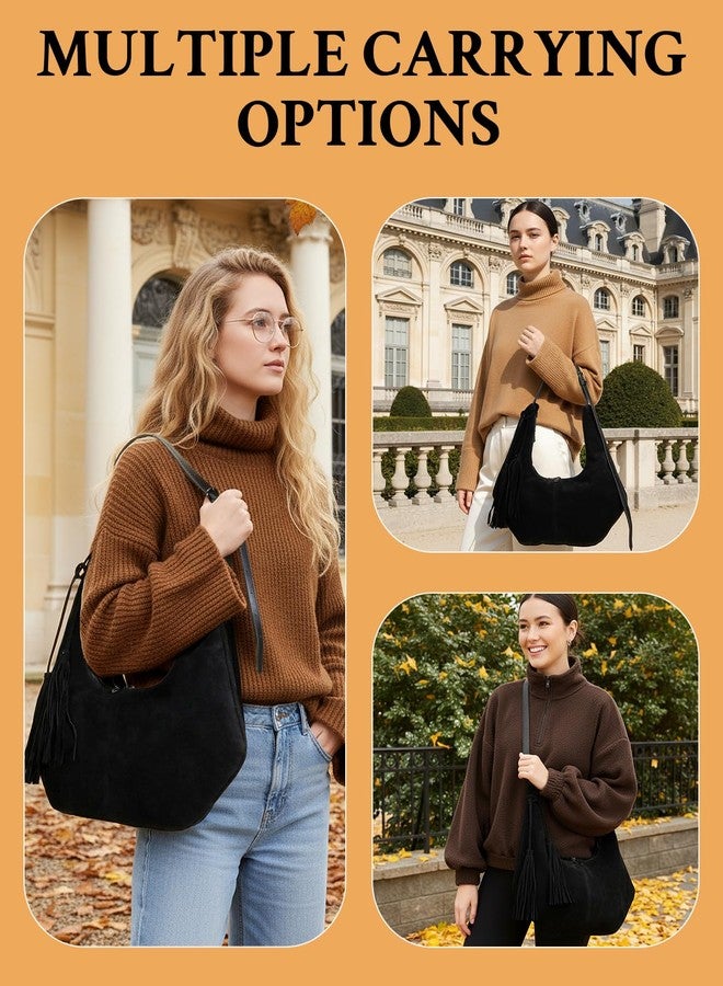 Herald Tassel Suede Hobo Shoulder Bag for Women, Retro Slouchy Crescent Crossbody Purse Handbag with Adjustable Strap, Dark Coffee 2 - Image 2