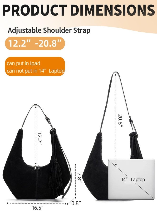 Herald Tassel Suede Hobo Shoulder Bag for Women, Retro Slouchy Crescent Crossbody Purse Handbag with Adjustable Strap, Dark Coffee 2 - Image 4