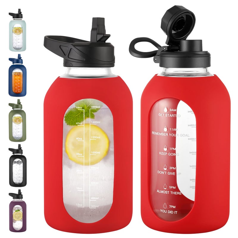 CIVAGO 64 oz Glass Water Bottle Jug with Straw and Handle, Half Gallon Sports Motivational Water Bottle with Time Marker, Wide Mouth Flask Canteen with Silicone Sleeve for Gym, Red - Image 1
