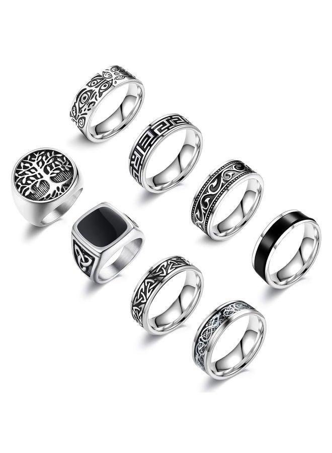 EIELO 8Pcs Stainless Steel Vintage Rings for Men Greek Signet Thumb Silver Retro Carving Celtic Band Rings Vintage Biker Band Rings Set Edge Mens Rings Jewelry 8 - Image 1