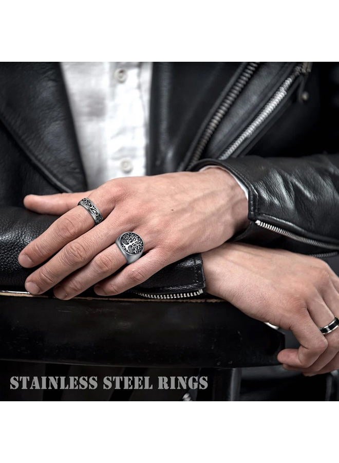 EIELO 8Pcs Stainless Steel Vintage Rings for Men Greek Signet Thumb Silver Retro Carving Celtic Band Rings Vintage Biker Band Rings Set Edge Mens Rings Jewelry 8 - Image 5