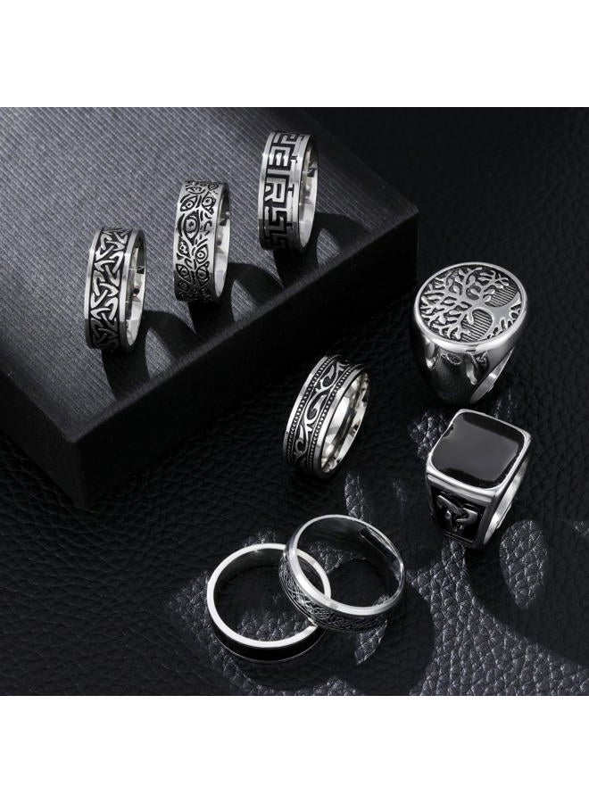 EIELO 8Pcs Stainless Steel Vintage Rings for Men Greek Signet Thumb Silver Retro Carving Celtic Band Rings Vintage Biker Band Rings Set Edge Mens Rings Jewelry 8 - Image 2