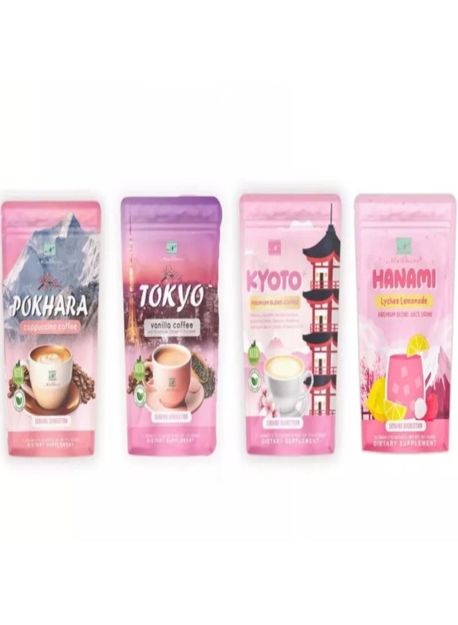 TOKYO The coffee set includes flavors such as Bukhara (cappuccino), Tokyo (vanilla), Kyoto (premium coffee), and Hanami (lemon lychee juice).