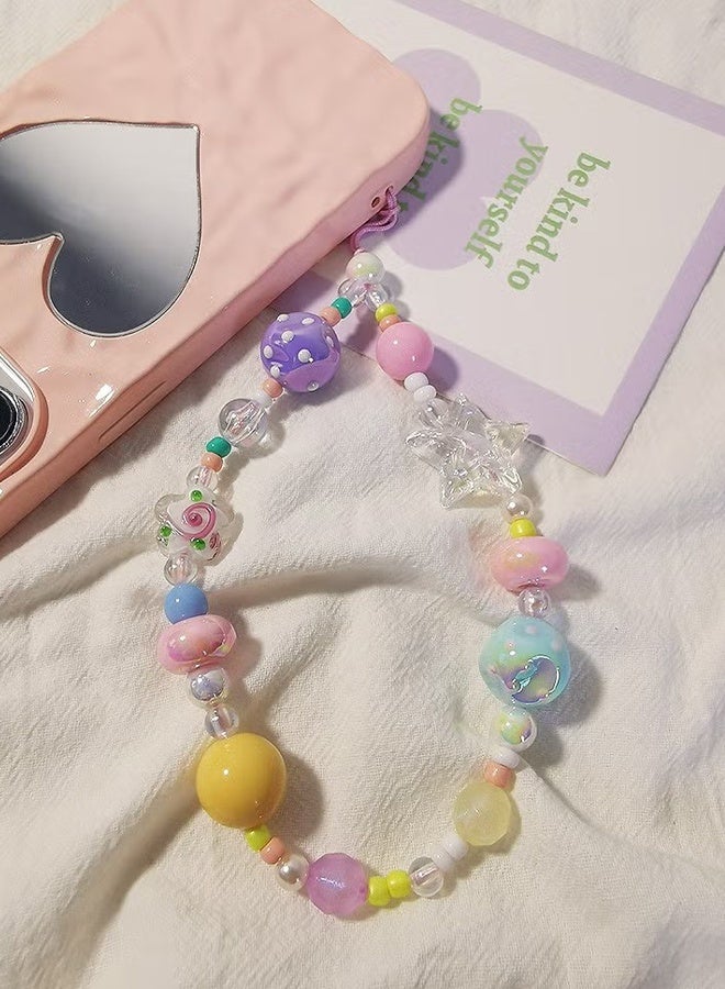 Happy D Beaded phone charm strap, bracelet-style wrist lanyard, cute camera charm strap, handmade phone case accessories (flowers, stars) - Image 2