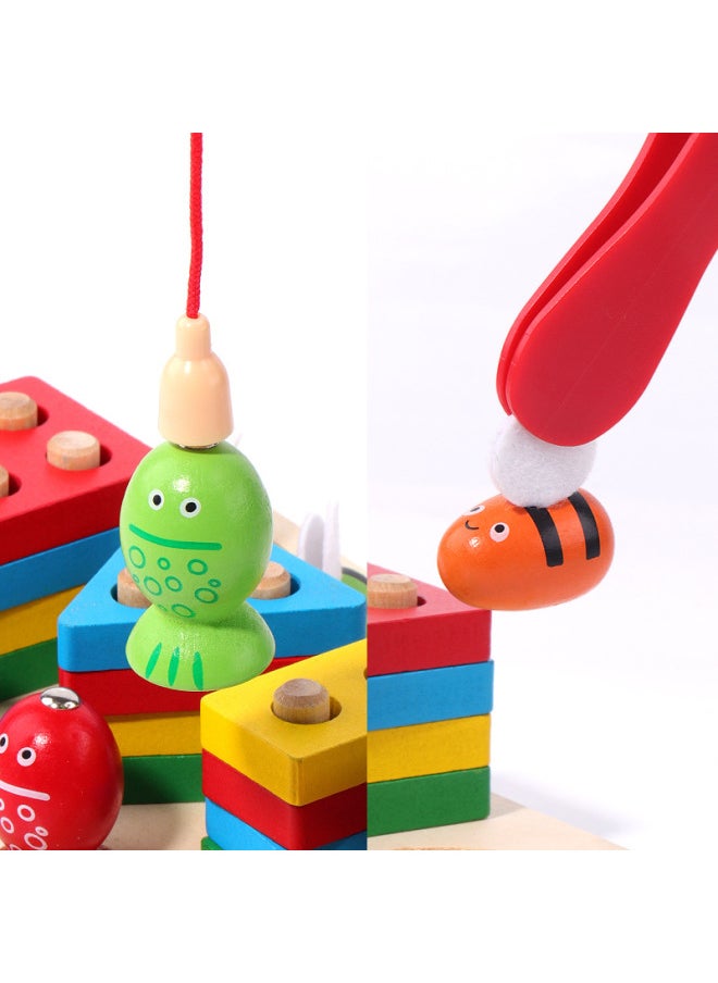 Generic - Strict Selection Baby Early Education Four Sets Of Column Catch Worm Fishing Shape Cognition Children's Educational Montessori Matching Building Blocks Toys-Color:Three-in-one Fishing Bee Sleeve Column - Image 1