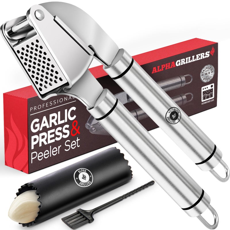 Alpha Grillers Garlic Press Stainless Steel - Professional Garlic Mincer and Crusher with Silicone Peeler Dishwasher Safe - Image 1