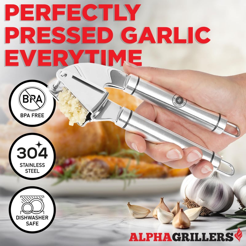 Alpha Grillers Garlic Press Stainless Steel - Professional Garlic Mincer and Crusher with Silicone Peeler Dishwasher Safe - Image 2