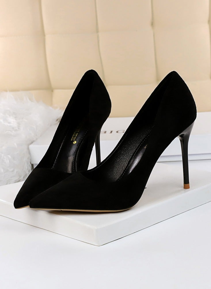 بيج تري Women's Solid Color Elegant Velour Stiletto Pumps 9 CM Fashion Gorgeous Closed Pointed Toe Slip On Solid High Heels Black - Image 1