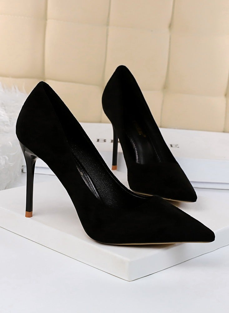 بيج تري Women's Solid Color Elegant Velour Stiletto Pumps 9 CM Fashion Gorgeous Closed Pointed Toe Slip On Solid High Heels Black - Image 2