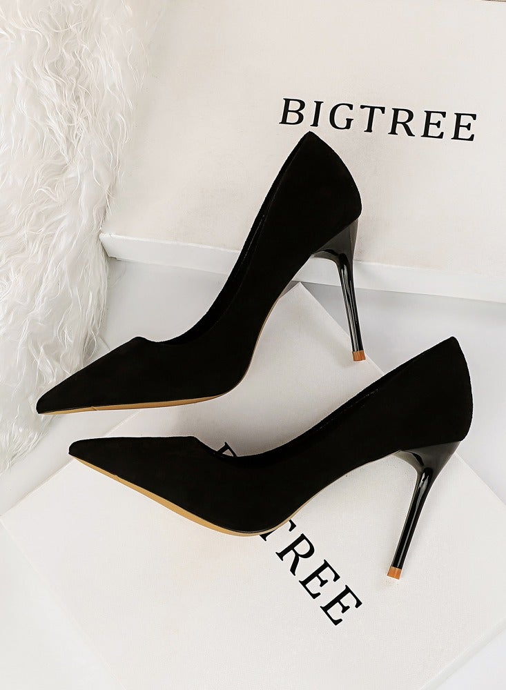 بيج تري Women's Solid Color Elegant Velour Stiletto Pumps 9 CM Fashion Gorgeous Closed Pointed Toe Slip On Solid High Heels Black - Image 3