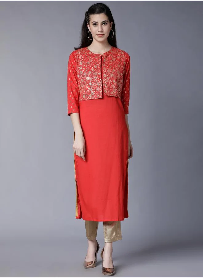 Vishudh Red Printed Cotton Kurta with Crop Jacket for Women by Styli
