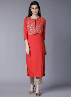 Vishudh Red Printed Cotton Kurta with Crop Jacket for Women  - Image 1
