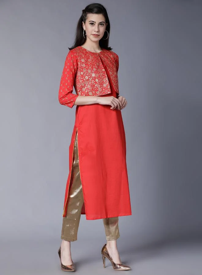 Vishudh Vishudh Red Printed Cotton Kurta with Crop Jacket for Women