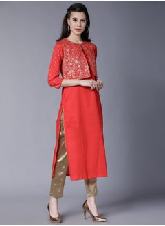 Vishudh Red Printed Cotton Kurta with Crop Jacket for Women  - Image 4