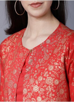 Vishudh Red Printed Cotton Kurta with Crop Jacket for Women  - Image 5