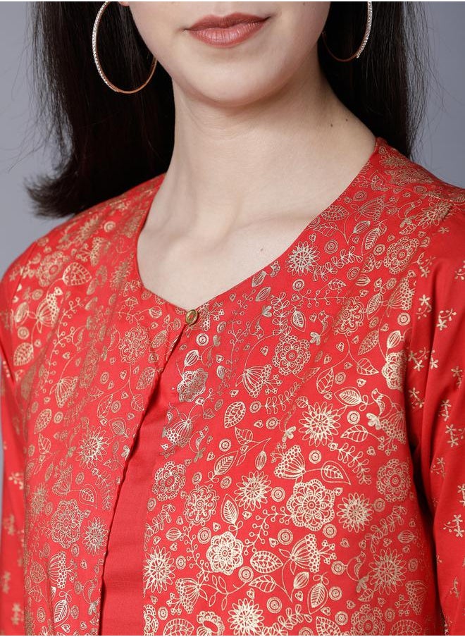 Vishudh Red Printed Cotton Kurta with Crop Jacket for Women by Styli  - Image 5